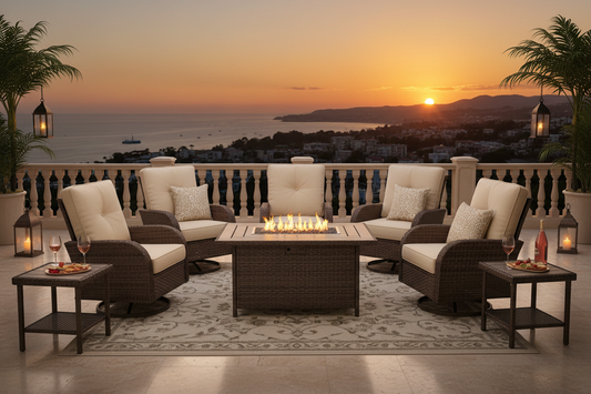 9-Piece High Back Swivel Rocking Patio Set with Fire Table Brown Beige