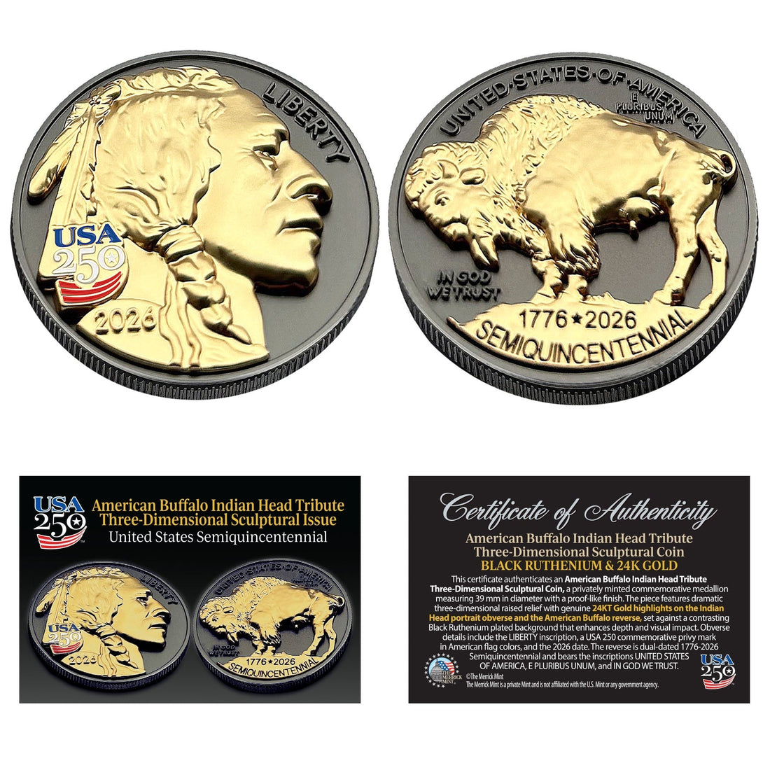 3D American Buffalo Indian Head Tribute Coin with USA 250th Privy Mark - 24KT Gold Proof
