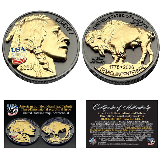 3D American Buffalo Indian Head Tribute Coin with USA 250th Privy Mark - 24KT Gold Proof