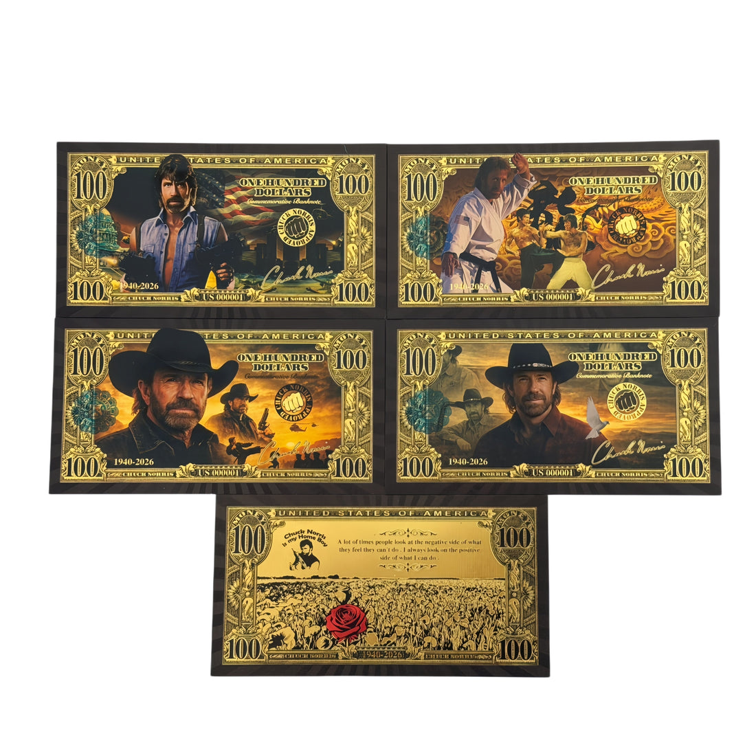 CHUCK NORRIS COMMEMORATIVE 24k Gold Foil BANKNOTE SET