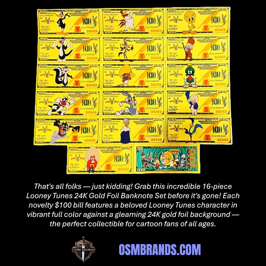 Looney Tunes 24K Gold Foil Banknote Set 16 Piece - Classic Cartoon Collectible Currency - OSM Brands