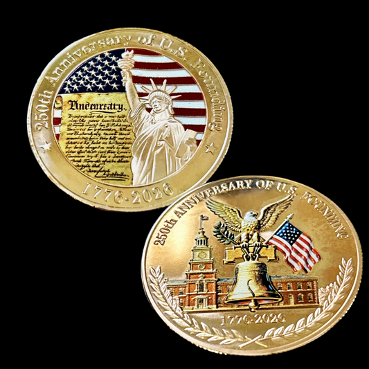 250th Anniversary of US Founding Commemorative Coin - Declaration of Independence Lady Liberty front - Liberty Bell Independence Hall Eagle reverse - 1776-2026