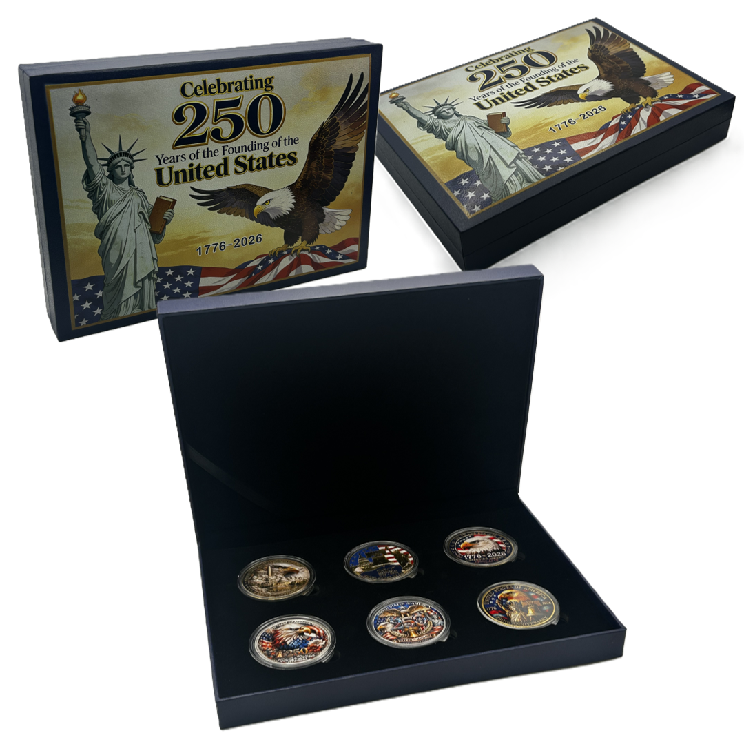 USA 250th Anniversary 6-Coin Challenge Coin Set with Premium Display Box – Celebrating 250 Years of the Founding of the United States 1776-2026