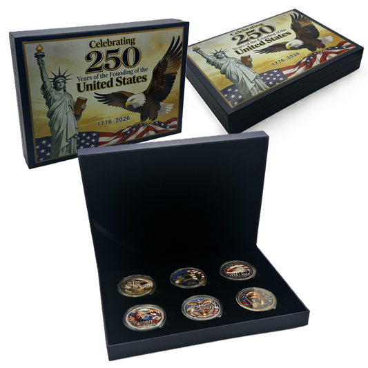 USA 250th Anniversary 6-Coin Challenge Coin Set with Premium Display Box – Celebrating 250 Years of the Founding of the United States 1776-2026