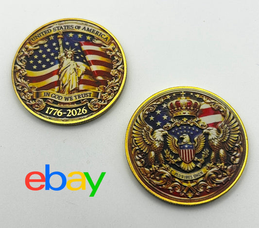 In God We Trust USA 1776-2026 Gold Commemorative Coin – Statue of Liberty Obverse and Eagle Crest Reverse