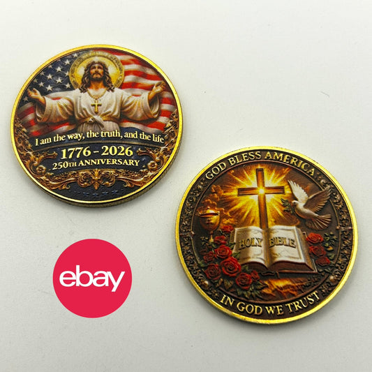 God Bless America 250th Anniversary Gold Coin – Jesus Christ Obverse and Holy Bible Cross Reverse