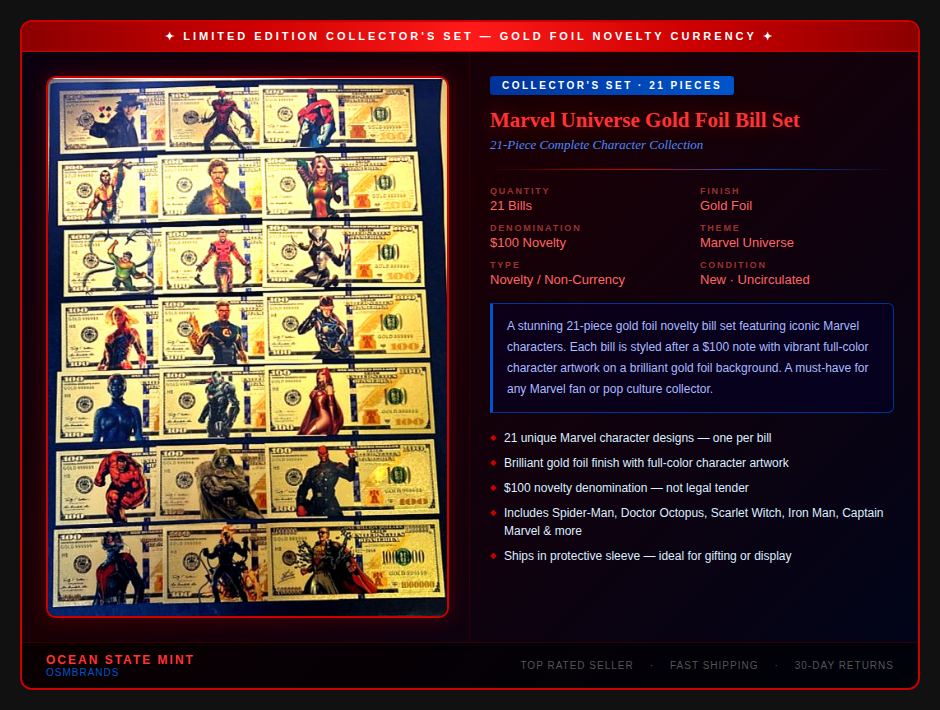 Marvel Universe Gold Foil Bill Set 21-Piece Complete Character Collection