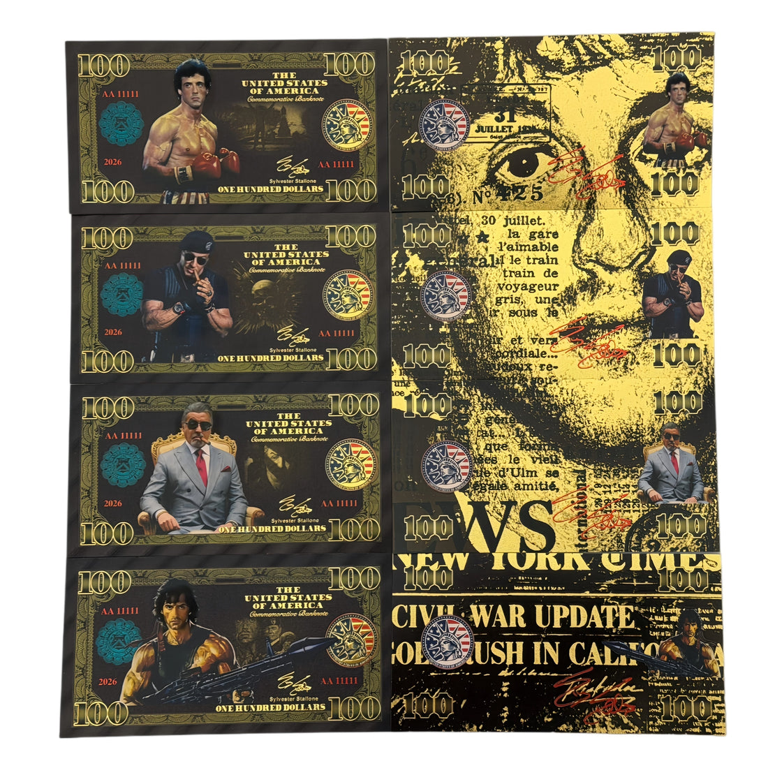 Sylvester Stallone 4 Pc Black & 24K Gold Foil Gold Banknote set