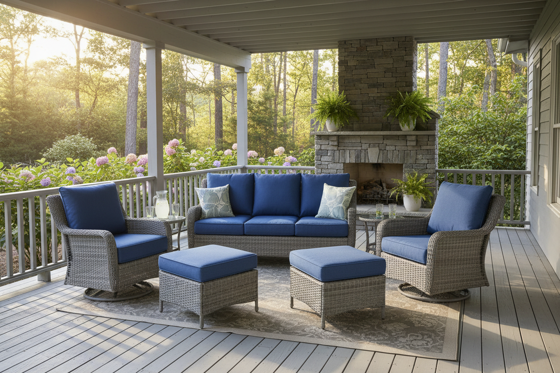 5 Piece Grey Wicker Outdoor Patio Furniture Set with Blue Cushions