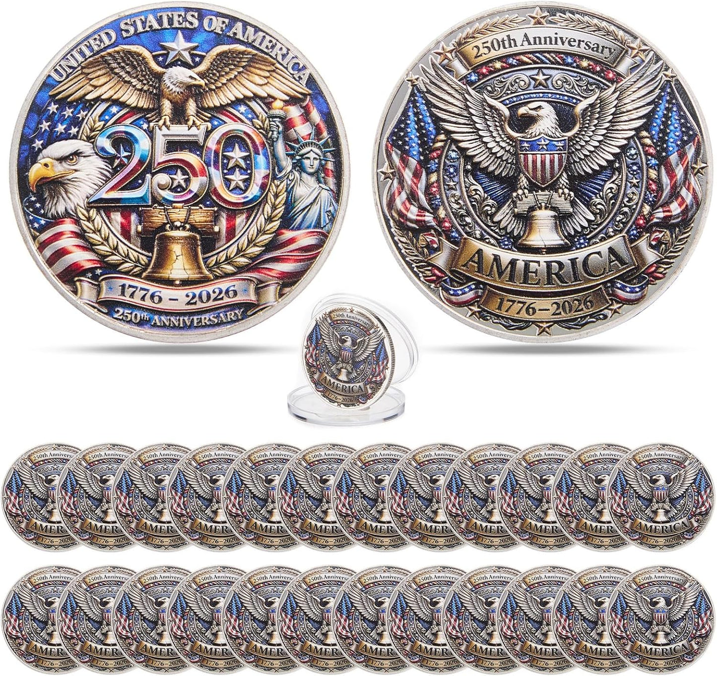 USA 250th Anniversary Challenge Coin – America 1776-2026 with Acrylic Case (12 or 24 Pack)