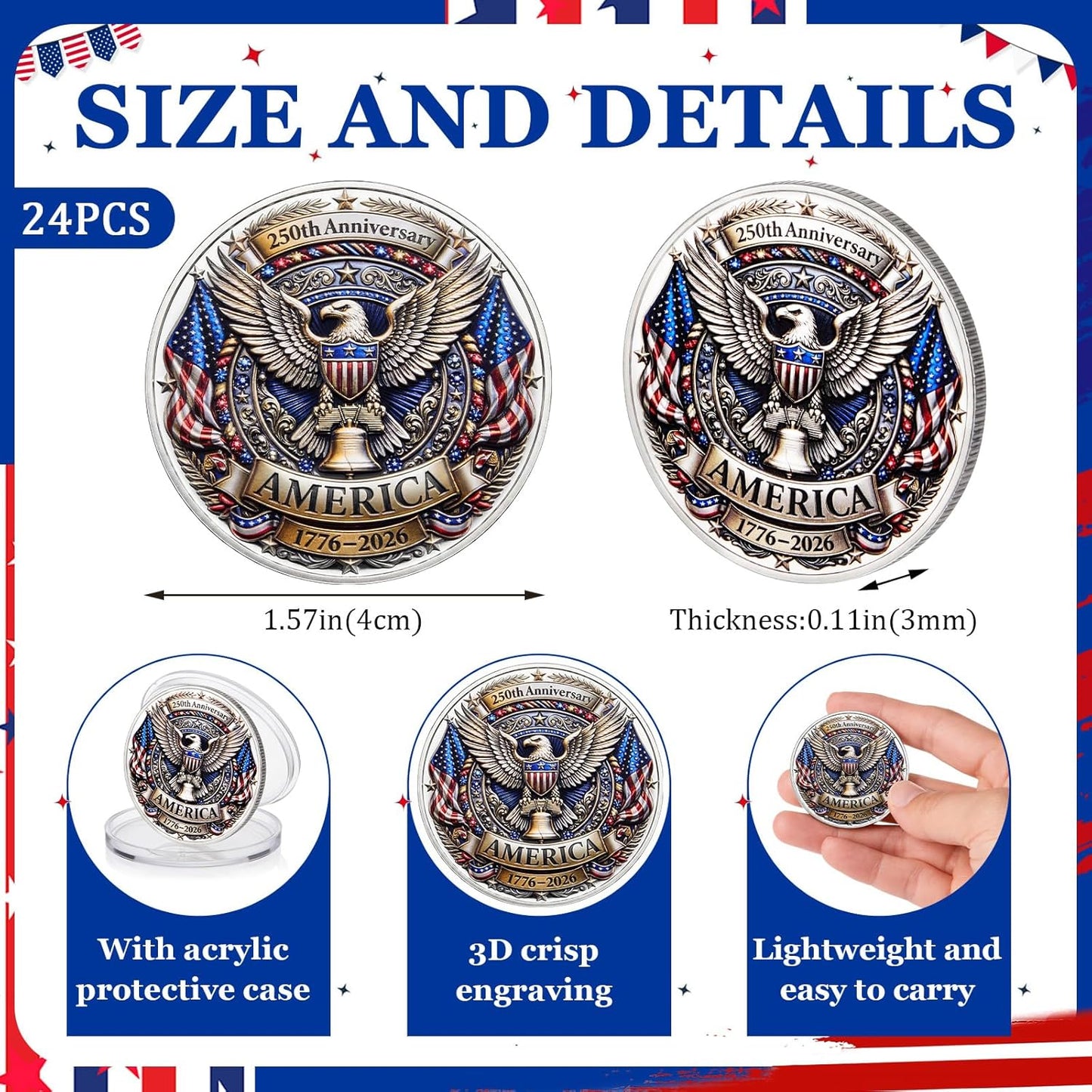 USA 250th Anniversary Challenge Coin – America 1776-2026 with Acrylic Case (12 or 24 Pack)