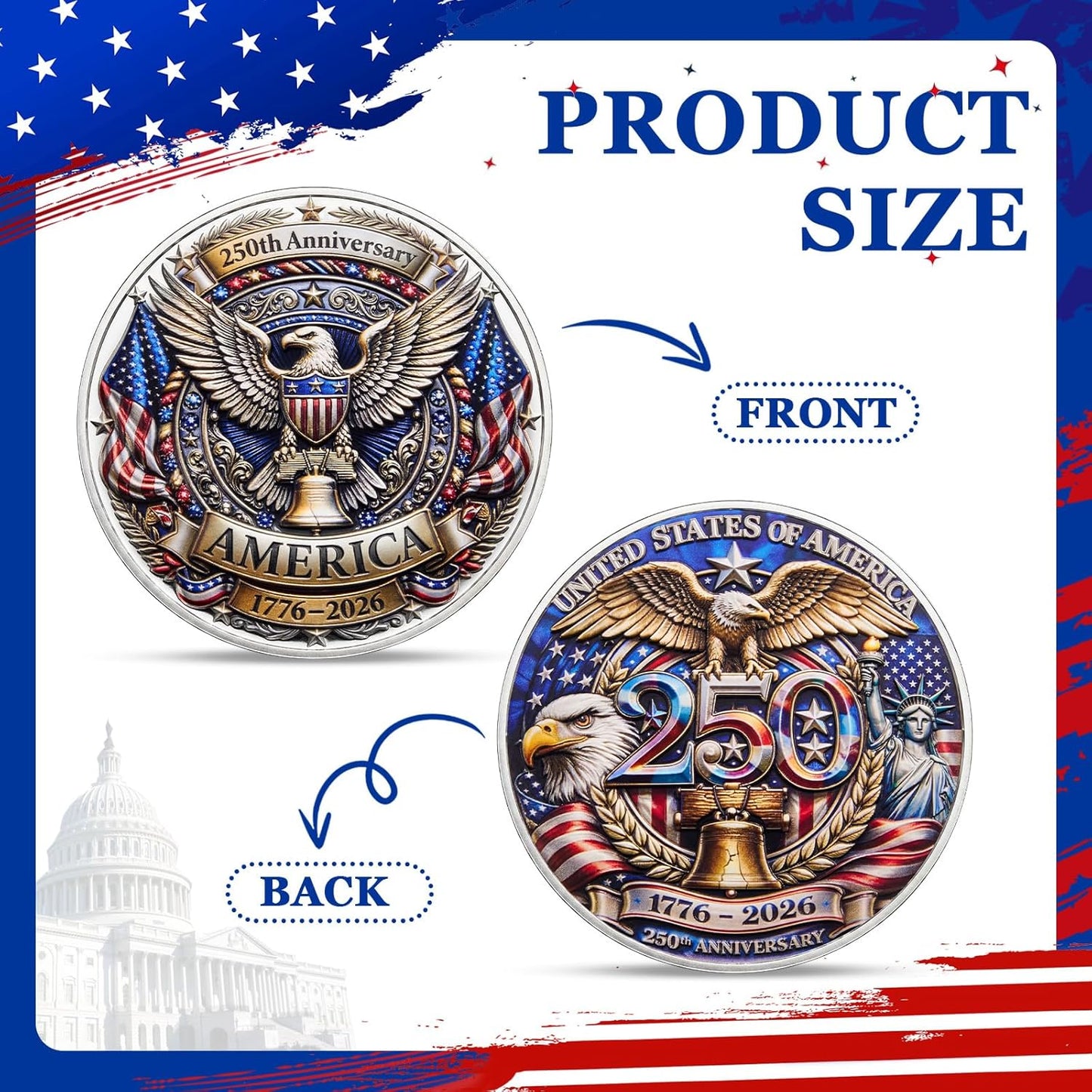 USA 250th Anniversary Challenge Coin – America 1776-2026 with Acrylic Case (12 or 24 Pack)