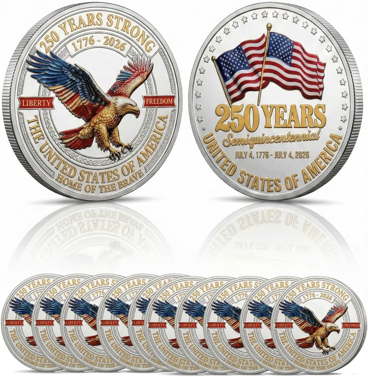 250 Years Strong USA Semiquincentennial Challenge Coin – Liberty & Freedom 1776-2026 (10 Pack)