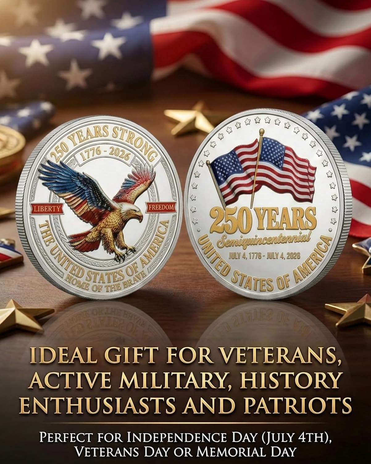 250 Years Strong USA Semiquincentennial Challenge Coin – Liberty & Freedom 1776-2026 (10 Pack)