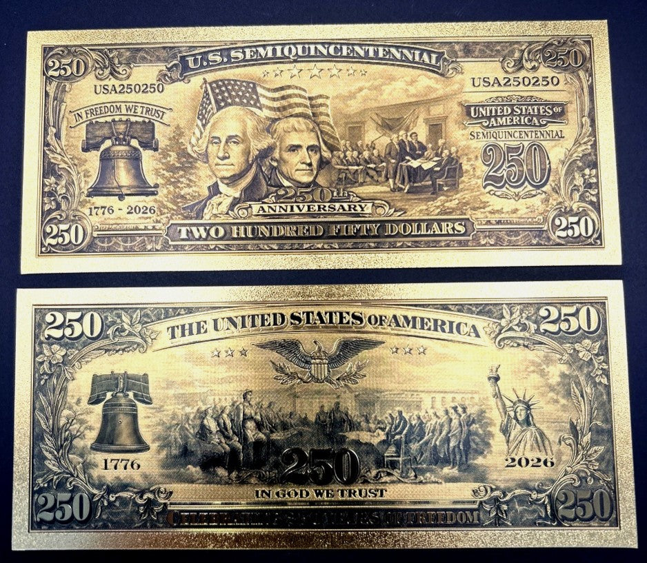 50 Pack 24K Gold Foil Banknotes USA 2026 250th Anniversary Collectibles