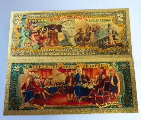 50 Pack 24K Gold Foil Banknotes $2 USA 2026 250th Anniversary Collectibles 2 Styles