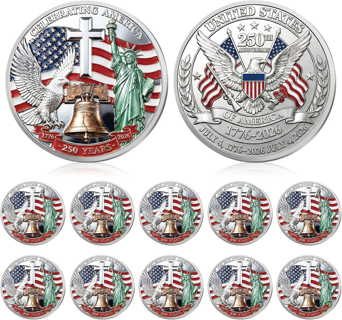Celebrating America 250th Anniversary Silver Coin — Cross, Eagle & Statue of Liberty — 10 Pack | 1776-2026