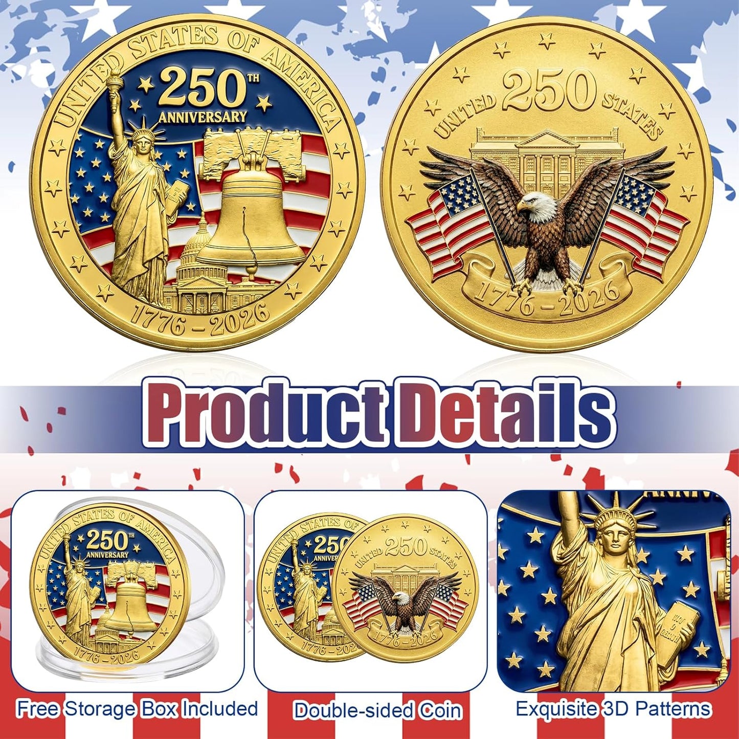 250th Anniversary Statue of Liberty & Eagle Gold Commemorative Coin — 10 Pack | 1776-2026