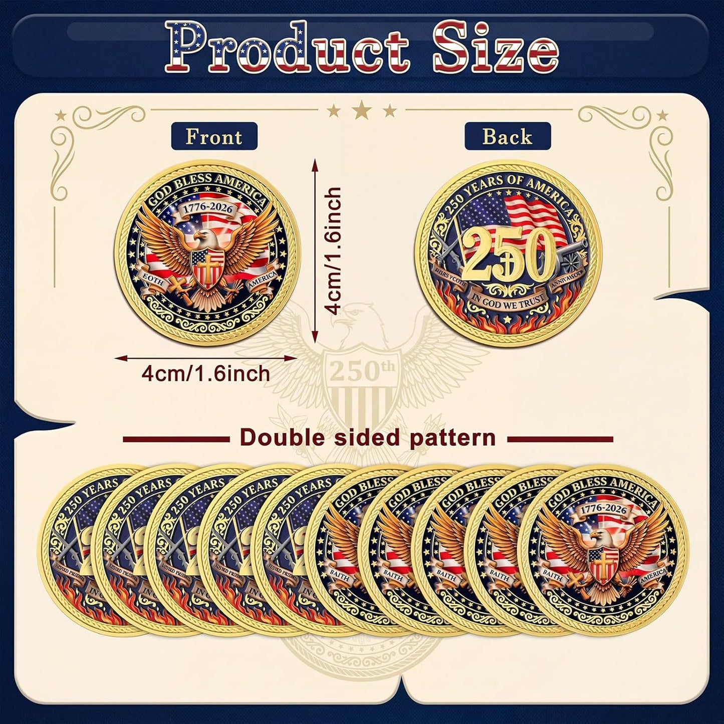 God Bless America 250th Anniversary Challenge Coin — Faith • Freedom • In God We Trust — 10 Pack | 1776-2026