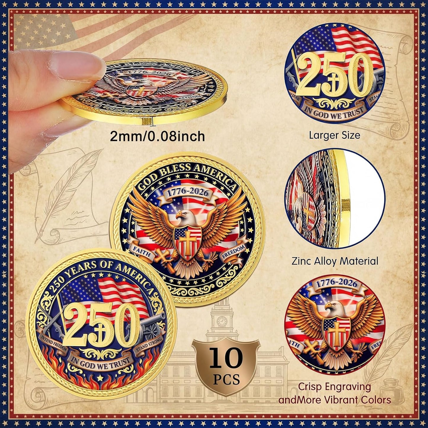 God Bless America 250th Anniversary Challenge Coin — Faith • Freedom • In God We Trust — 10 Pack | 1776-2026