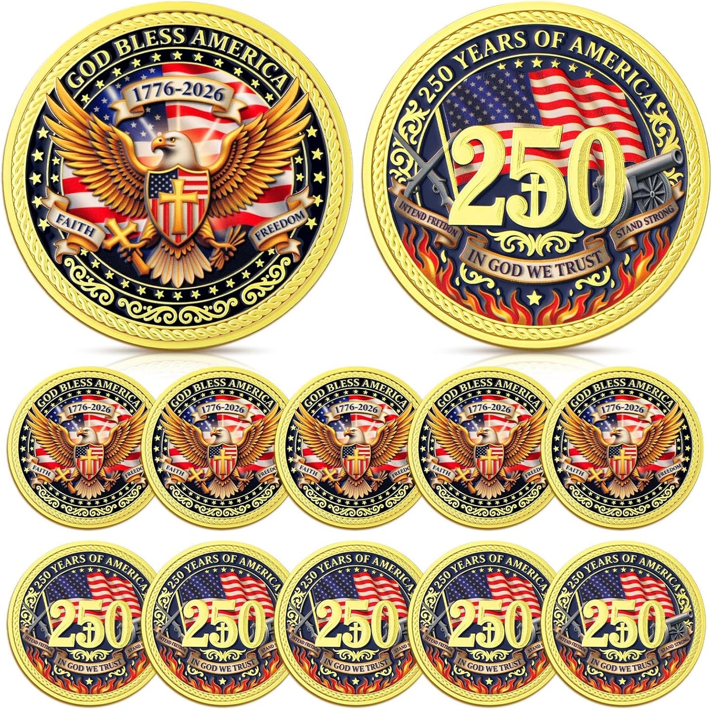 God Bless America 250th Anniversary Challenge Coin — Faith • Freedom • In God We Trust — 10 Pack | 1776-2026