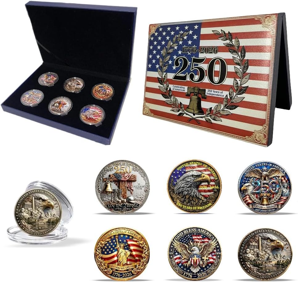 6PCS USA 250th Anniversary Commemorative Coin Gift Set, 250th Year American USA Anniversary Commemorative Coins with Case Collectible Gifts
