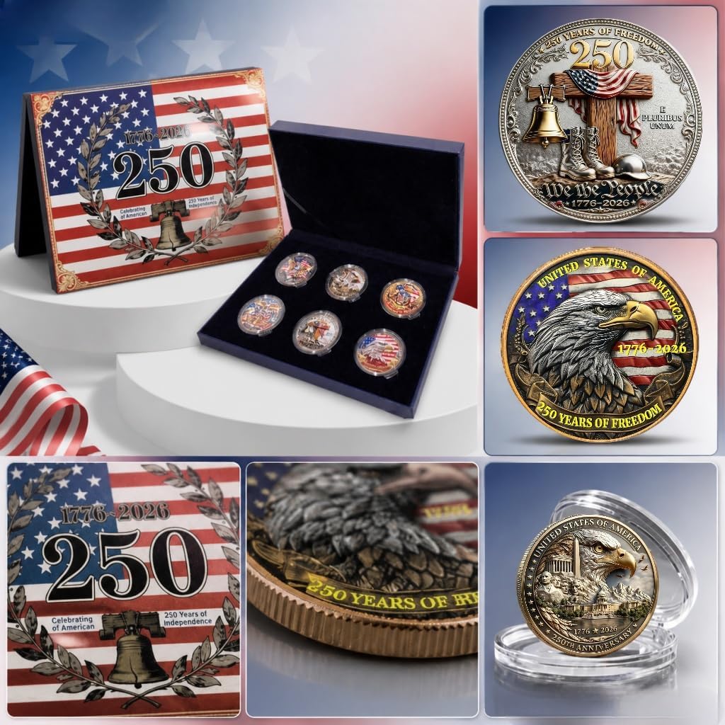 6PCS USA 250th Anniversary Commemorative Coin Gift Set, 250th Year American USA Anniversary Commemorative Coins with Case Collectible Gifts