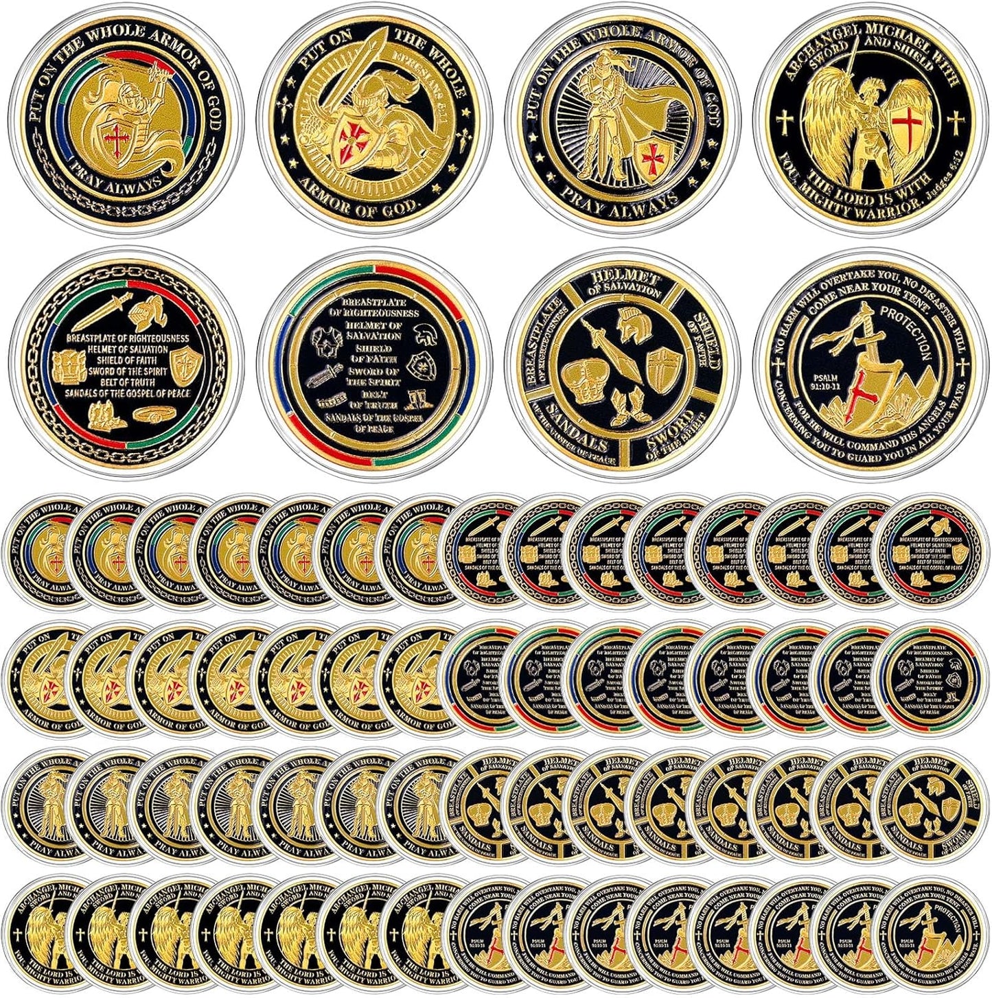 60 Pcs Armor of God Challenge Coins – 4 Designs, 15 Each | Double Sided