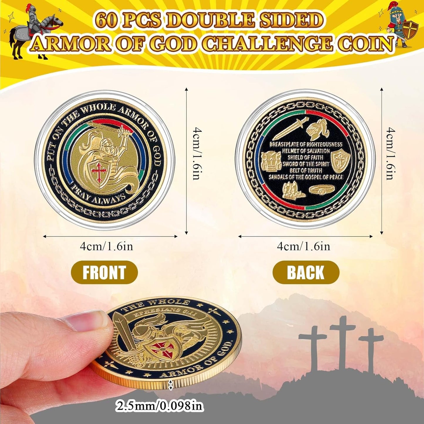 60 Pcs Armor of God Challenge Coins – 4 Designs, 15 Each | Double Sided