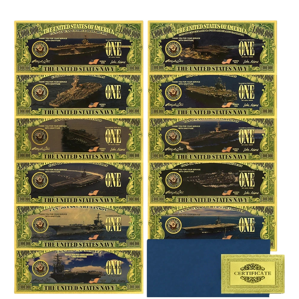 US Navy Aircraft Carrier 24K Gold Foil Banknote Set – 11 Pc | $1,000,000 Collectible Currency with Certificate