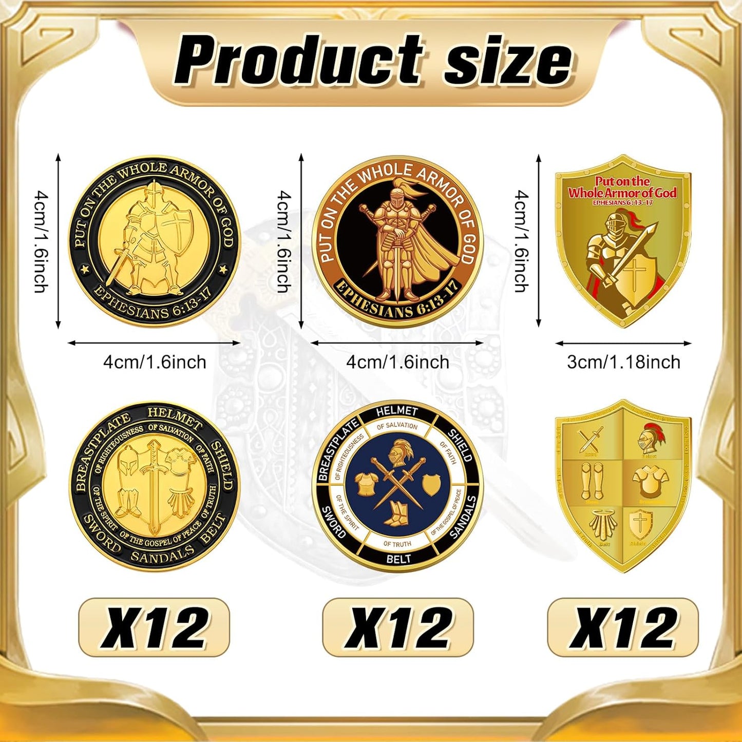 36 Pcs Armor of God Challenge Coin Set – 3 Designs, 12 Each | Ephesians 6:13-17