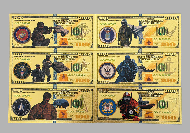WHOLESALE ONLY-US ARMED FORCES 24K BANKNOTES 6 PACK-MIN ORDER 20 SETS