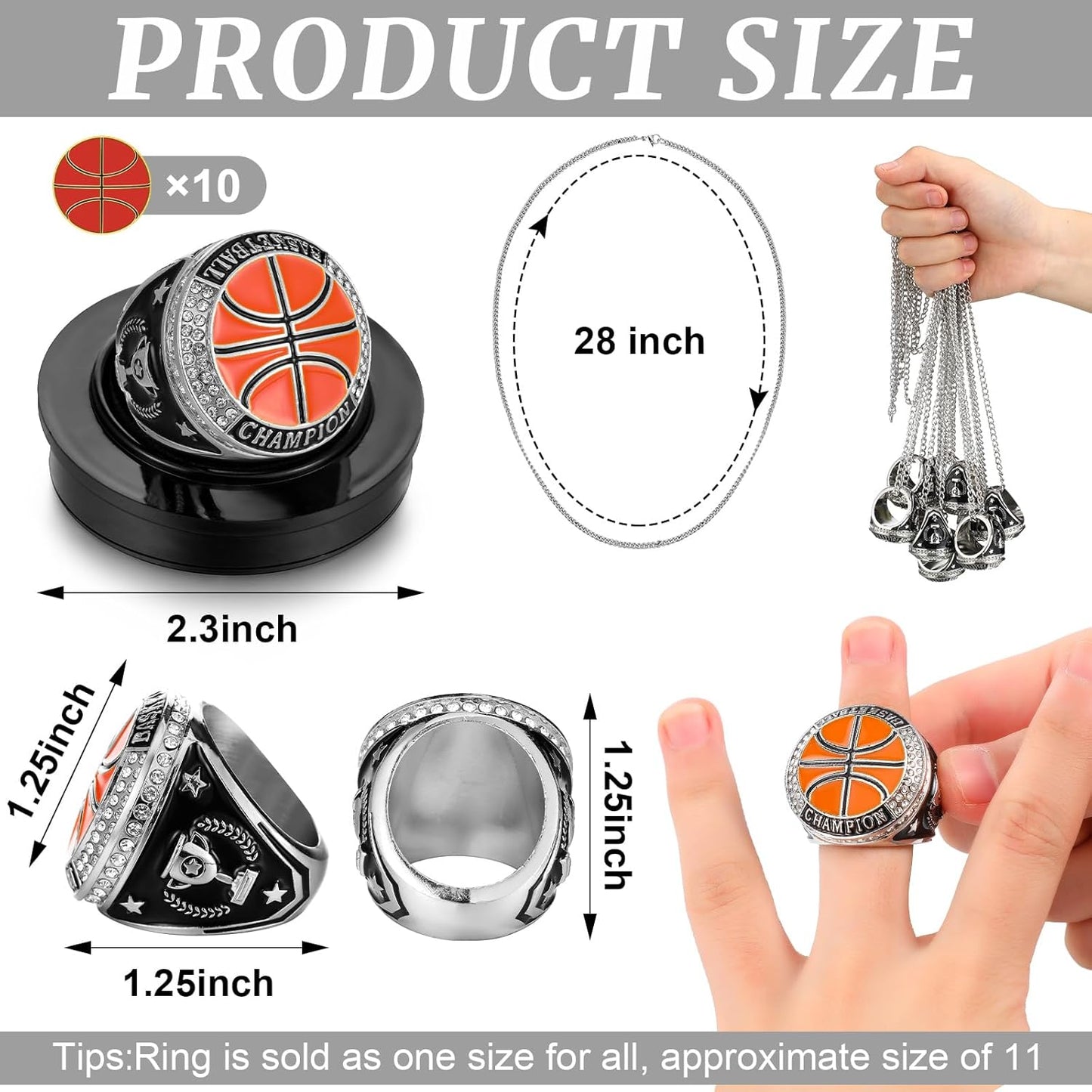 🏀 10 Pack Basketball Championship Ring Silver with Stand & Chain — Youth & Adult Sports