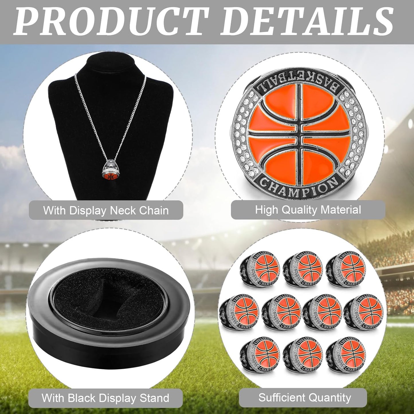 🏀 10 Pack Basketball Championship Ring Silver with Stand & Chain — Youth & Adult Sports