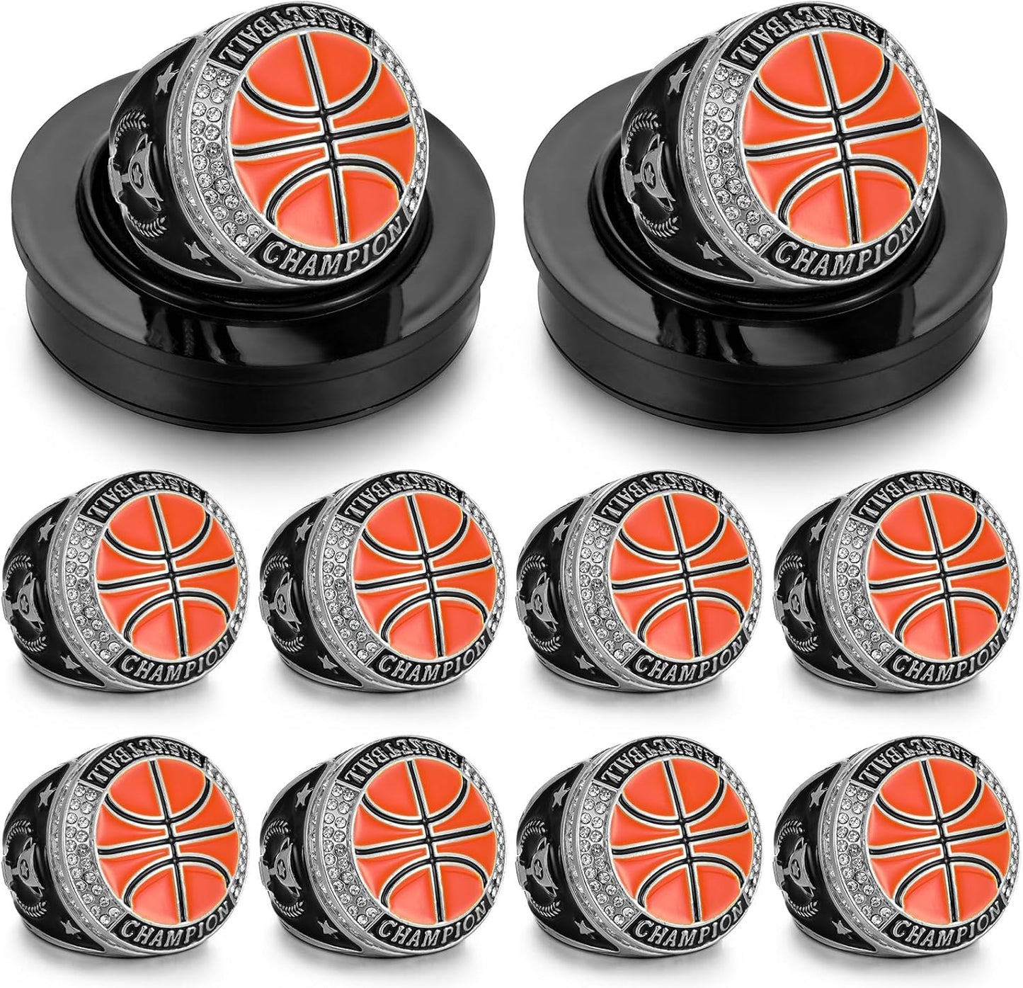 🏀 10 Pack Basketball Championship Ring Silver with Stand & Chain — Youth & Adult Sports