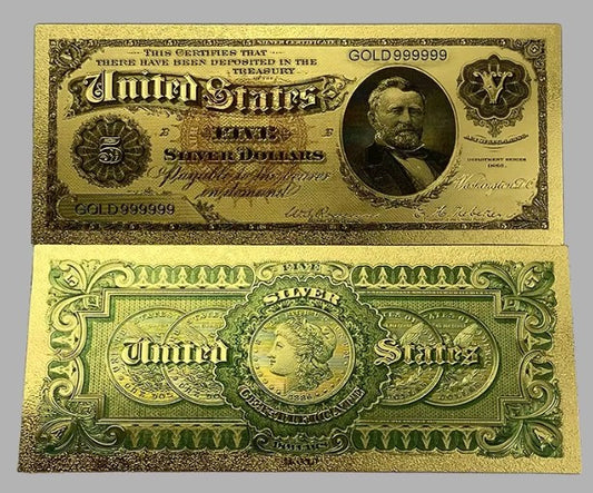 1886 $5 Silver Certificate “Silver Dollar Back” 24K Gold Foil Replica — 10-Pack