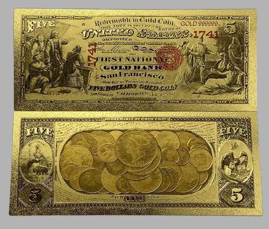 First National Gold Bank of San Francisco $5 Gold Coin Note 24K Gold Foil Replica — 10-Pack