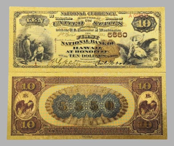 First National Bank of Hawaii at Honolulu $10 National Currency 24K Gold Foil Replica — 10-Pack