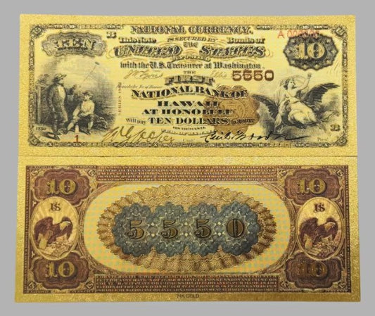 First National Bank of Hawaii at Honolulu $10 National Currency 24K Gold Foil Replica — 10-Pack