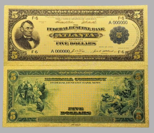 1914 $5 Federal Reserve Bank Note — Atlanta, Georgia 24K Gold Foil Replica — 10-Pack