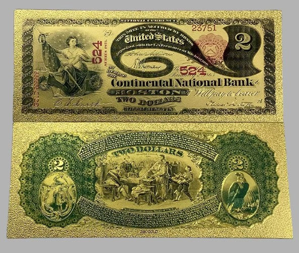 1875 $2 Continental National Bank Boston National Currency 24K Gold Foil Replica — 10-Pack