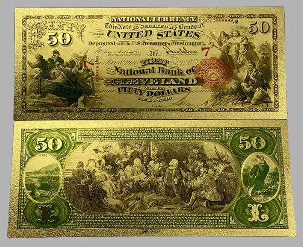 First National Bank of Cleveland $50 National Currency 24K Gold Foil Replica — 10-Pack