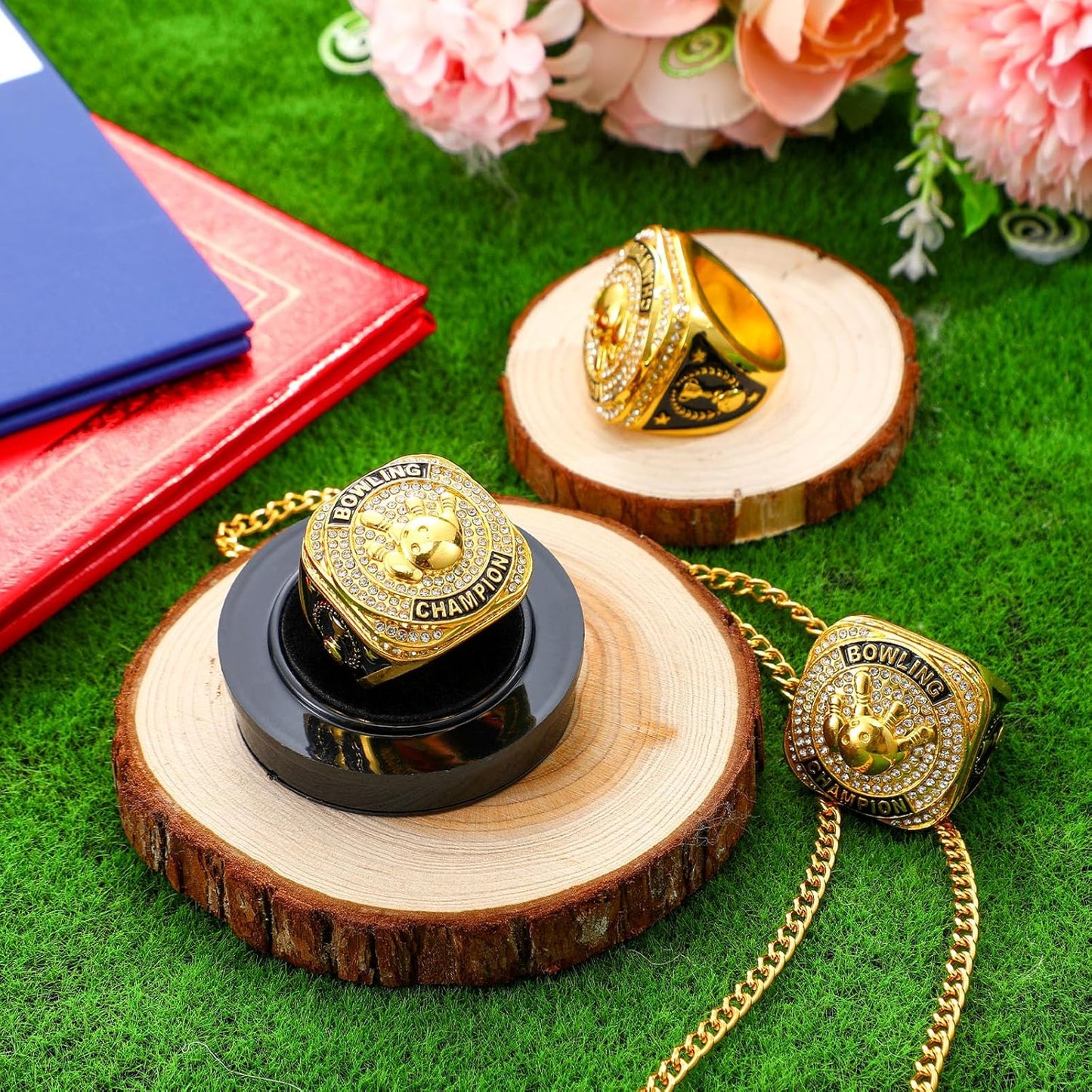 🎳 10 Pack Bowling Championship Ring Gold with Stand & Chain — Youth & Adult Sports