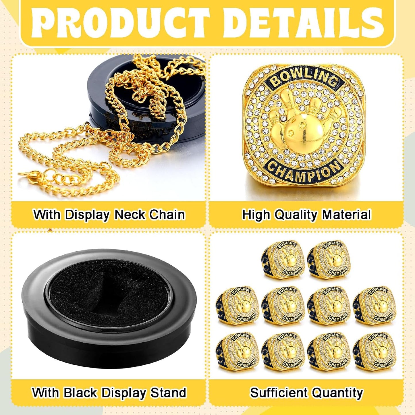 🎳 10 Pack Bowling Championship Ring Gold with Stand & Chain — Youth & Adult Sports