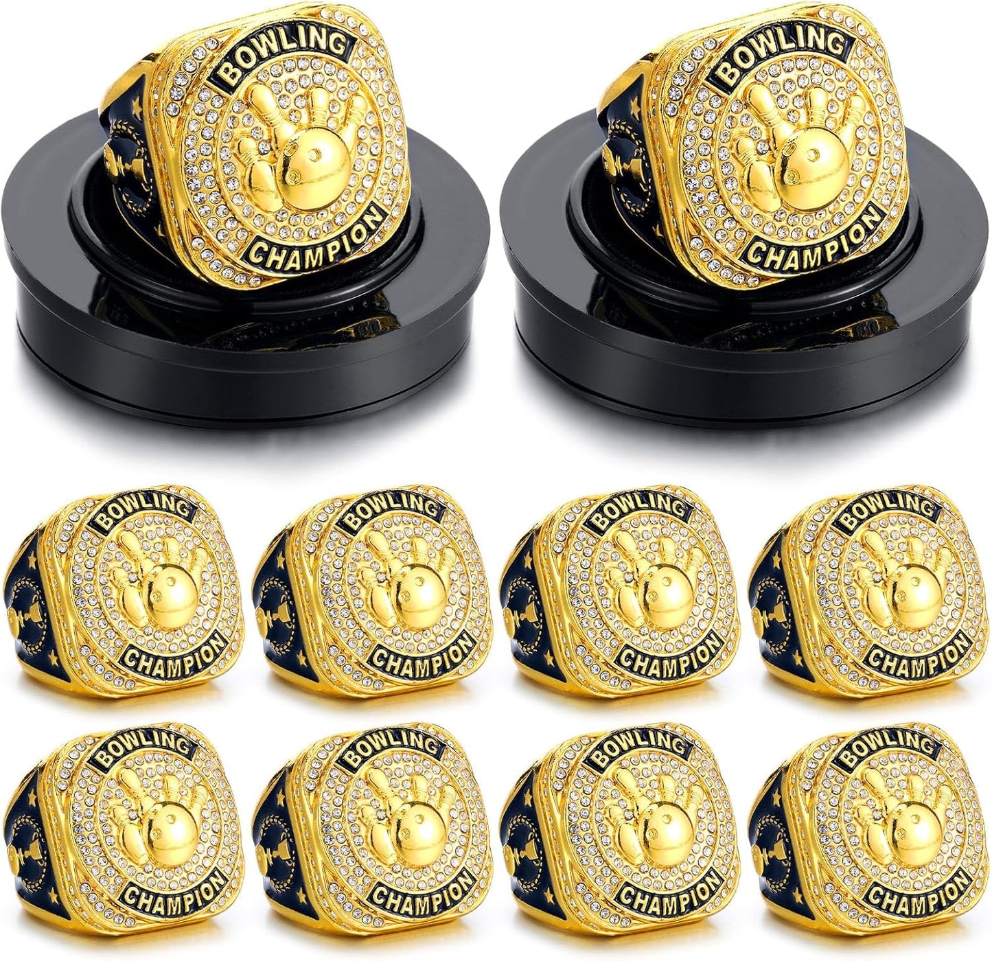 🎳 10 Pack Bowling Championship Ring Gold with Stand & Chain — Youth & Adult Sports