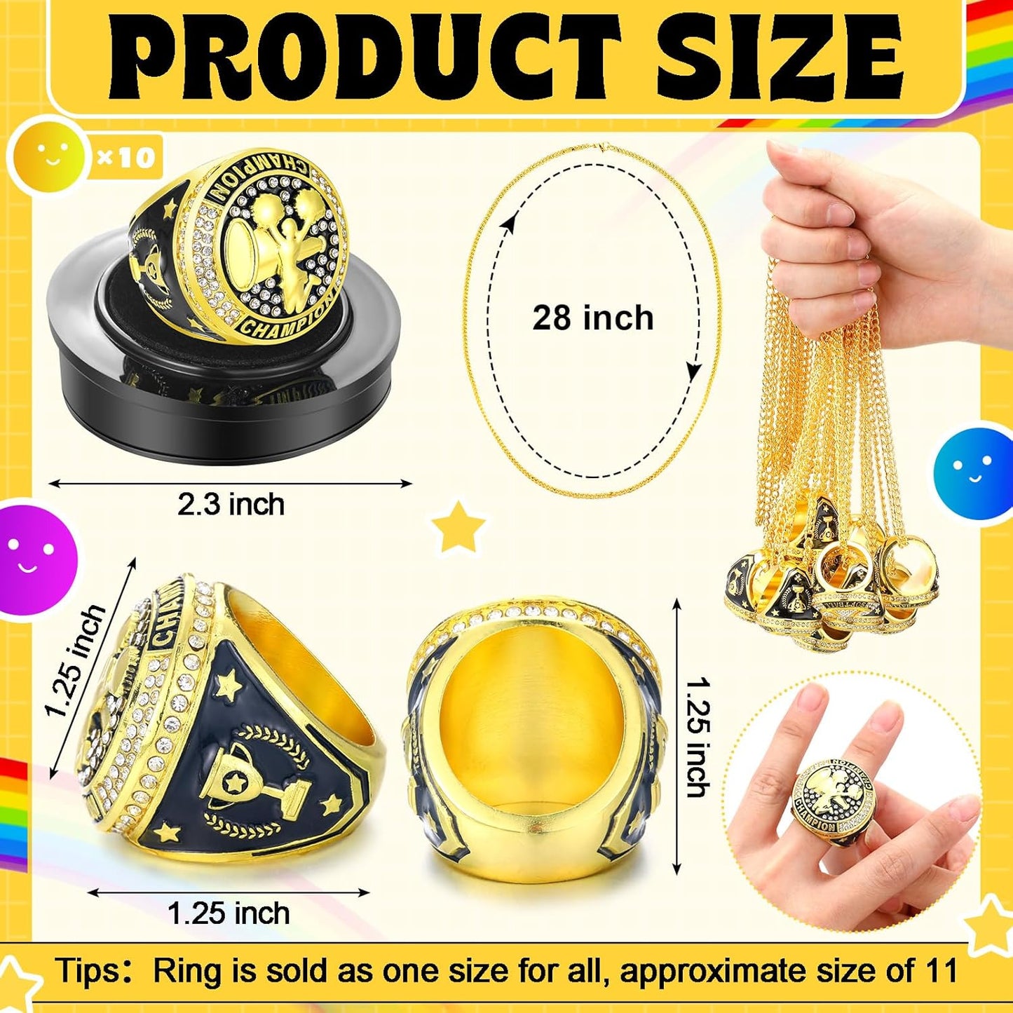 🏆 10 Pack Cheerleading Championship Ring Gold with Stand & Chain — Youth & Adult Sports
