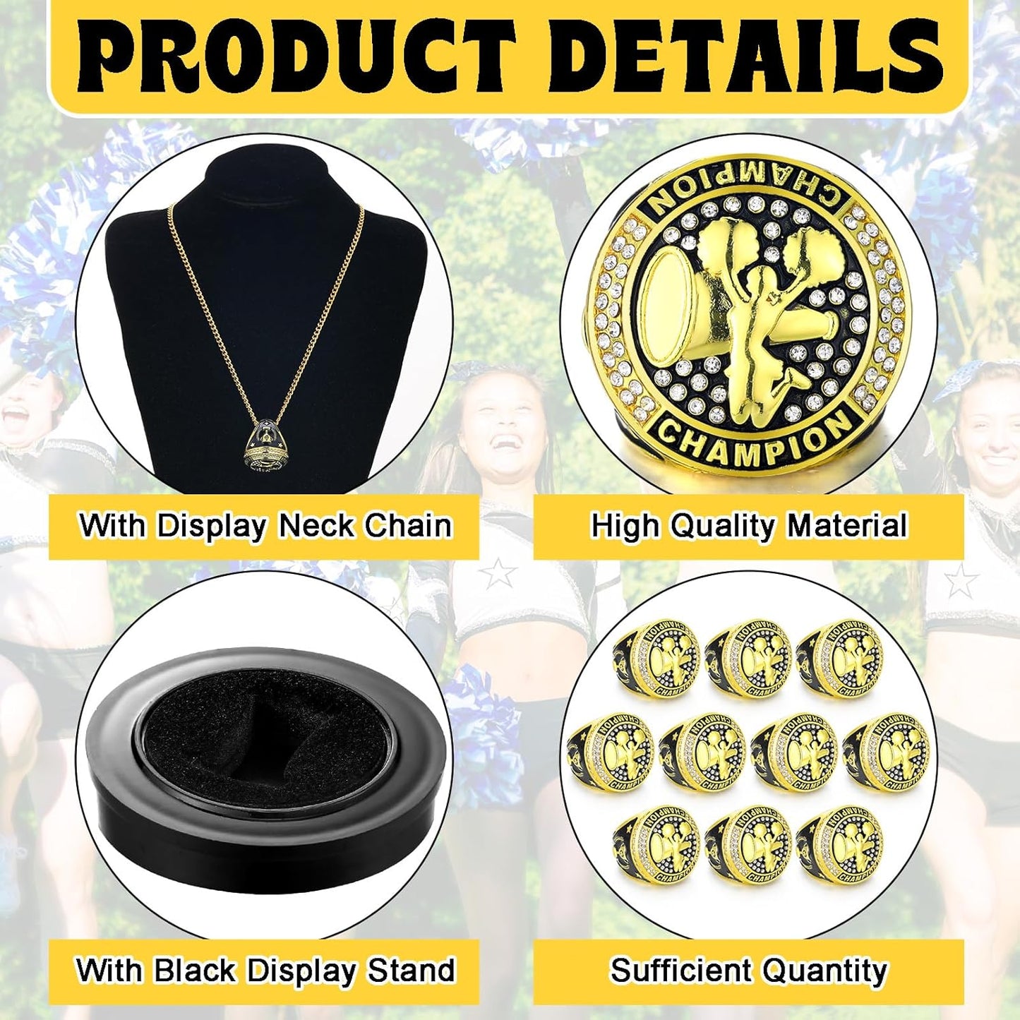 🏆 10 Pack Cheerleading Championship Ring Gold with Stand & Chain — Youth & Adult Sports