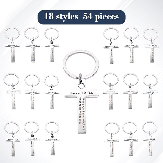 Bible Verse Cross Keychains — 54 Pack | 18 Styles Bulk Christian Scripture Key Rings