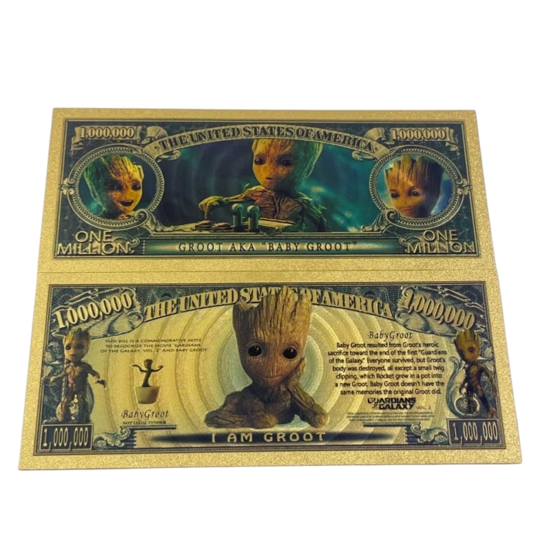 Groot & Baby Groot 24K Gold Foil Banknote – 10 Pc Lot | Guardians of the Galaxy Collectible Currency