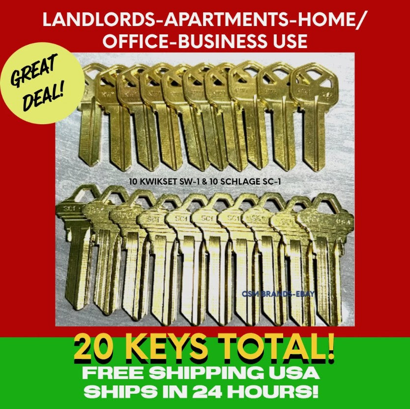 Lot of 20 Key Blanks – 10 Kwikset KW1 & 10 Schlage SC1 | Landlords, Home, Office, Business | Free Shipping USA